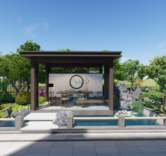 新中式花园庭院景观 现代水池景墙 休闲座凳 廊架亭子